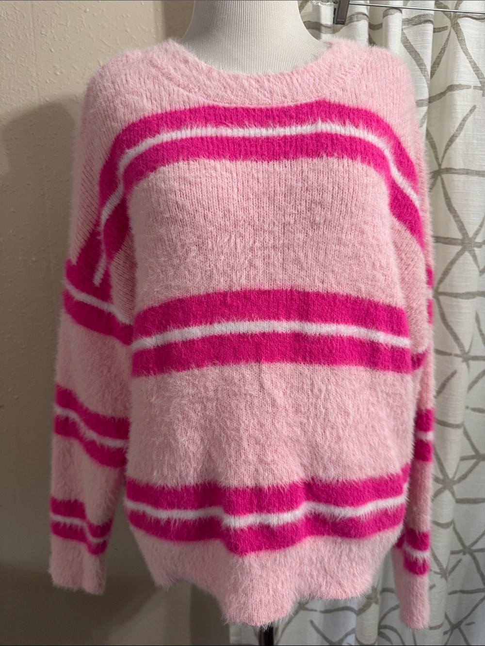 No Boundaries Pink Fuzzy Crewneck Sweater with Hot Pink Stripes